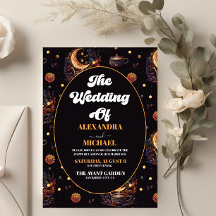 Mystical Black Gold Celestial Stars Wedding Invitation