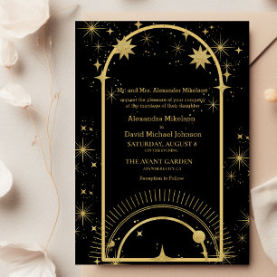 Mystical Black Gold Celestial Stars Wedding  Invitation