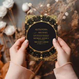 Mystical Black Gold Celestial Stars Wedding Invitation