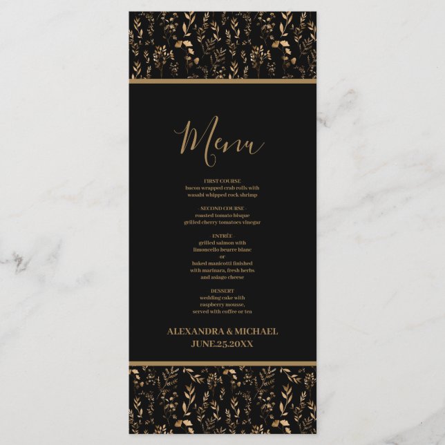 Mystical Black Gold Celestial Stars Wedding  Menu (Front)