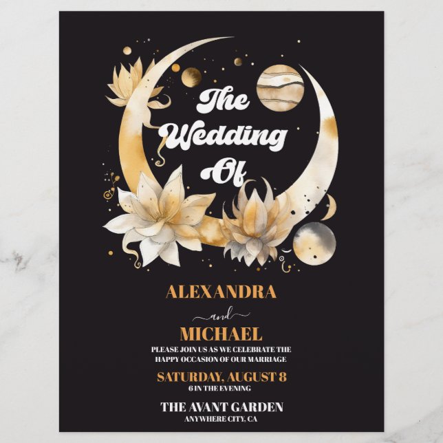 Mystical Black Gold Celestial Wedding Flyer (Front)