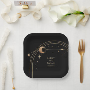 Mystical Black Gold Sun Moon Astronomy Space Paper Plate