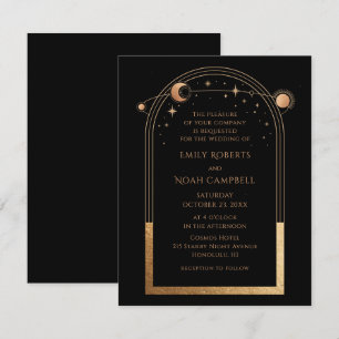 Mystical Black Gold Sun Moon Astronomy Wedding Invitation