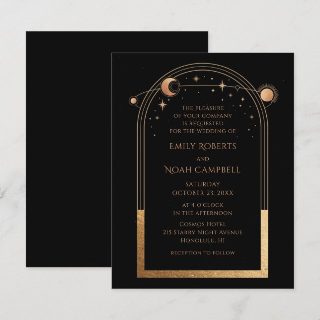 Mystical Black Gold Sun Moon Astronomy Wedding Invitation (Front/Back)