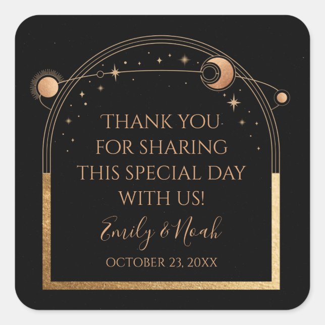 Mystical Black Gold Sun Moon Astronomy Wedding Square Sticker (Front)
