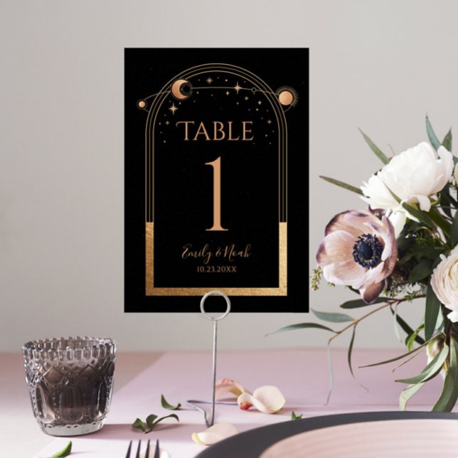 Mystical Black Gold Sun Moon Astronomy Wedding Table Number (Creator Uploaded)