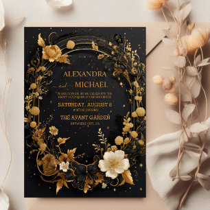 Mystical Black Gold Sun Moon Celestial Wedding Invitation
