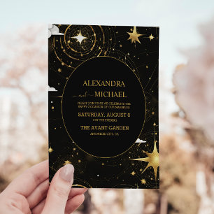 Mystical Black Gold Sun Moon Celestial Wedding Invitation