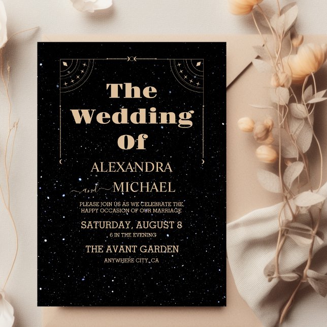 Mystical Black Gold Sun Moon Celestial Wedding Invitation (Creator Uploaded)