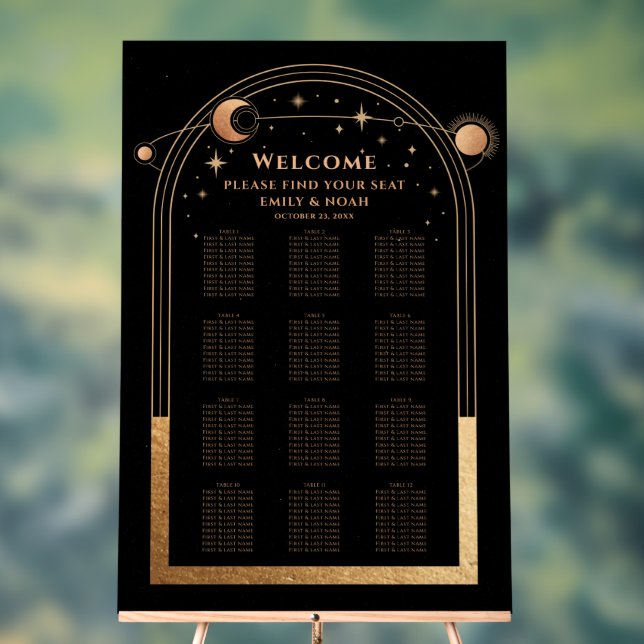 Mystical Black Gold Sun Moon Stars Wedding Acrylic Sign (Neutral)