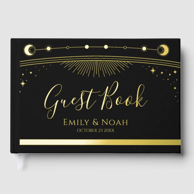 Mystical Black Gold Sun Moon Stars Wedding Guest Book (Front)