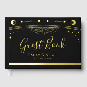 Mystical Black Gold Sun Moon Stars Wedding Guest Book