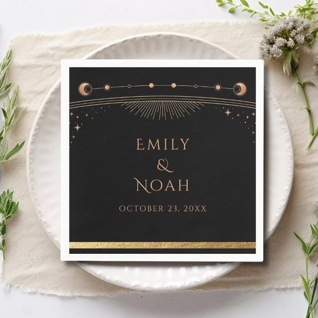 Mystical Black Gold Sun Moon Stars Wedding Napkin (Creator Uploaded)