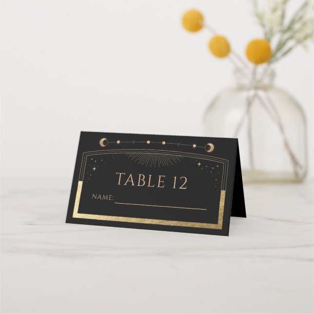 Mystical Black Gold Sun Moon Stars Wedding Place Card (Front)