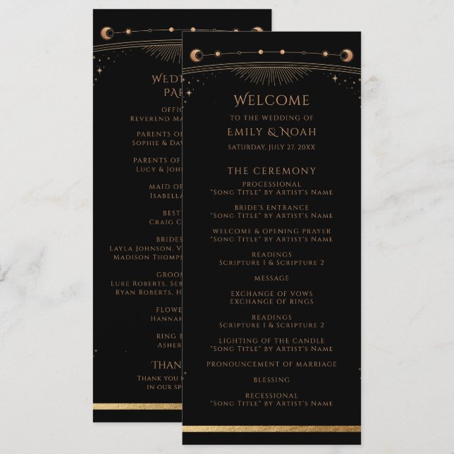 Mystical Black Gold Sun Moon Stars Wedding Programme (Front/Back)