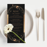 Mystical Black Gold Sun Moon Wedding Menu Cards<br><div class="desc">Mystical Black Gold Sun Moon Stars Wedding Menu Cards features a golden sun,  moon and stars on a black background with your menu details in the centre in modern gold calligraphy script. Personalise by editing the text in the text boxes provided. Designed for you by Evco Studio www.zazzle.com/store/evcostudio</div>
