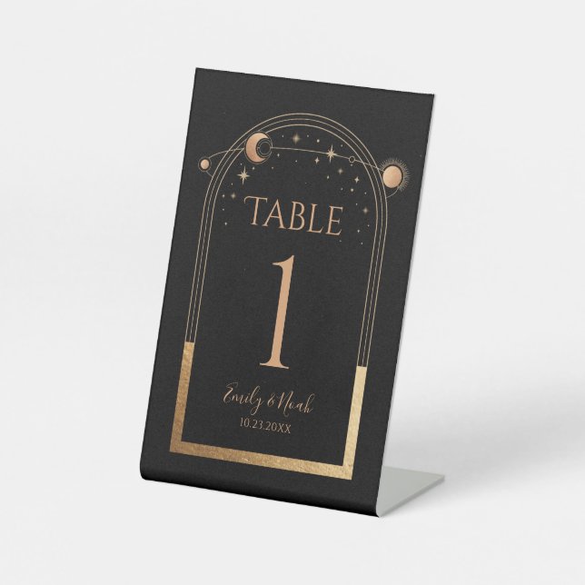 Mystical Black Gold Sun Moon Wedding Table Number Pedestal Sign (Front)