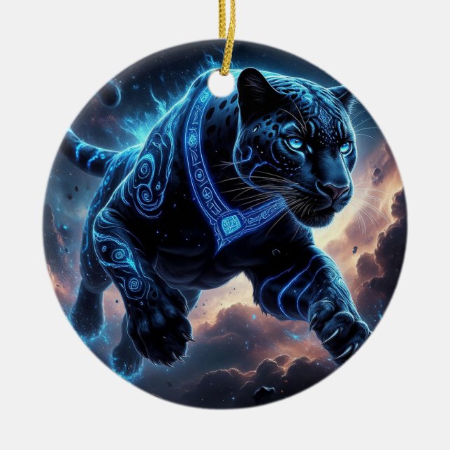 Mystical Black Panther with Glowing Patterns Ceramic Tree Decoration (Front)