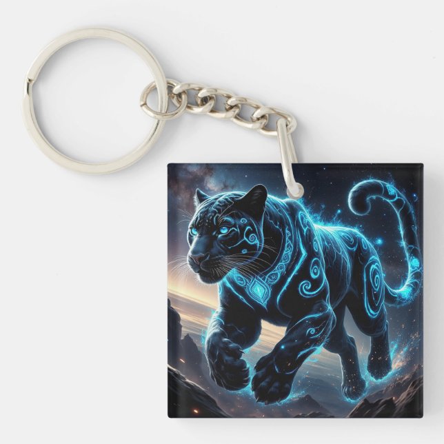 Mystical Black Panther with Glowing Patterns Key Ring (Front)
