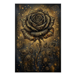 Mystical Black Rose Gold Filigree Sacred Geometry Poster
