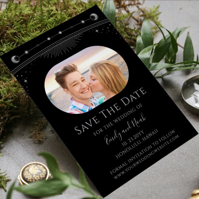 Mystical Black Silver Celestial Wedding Photo Save The Date (Creator Uploaded)