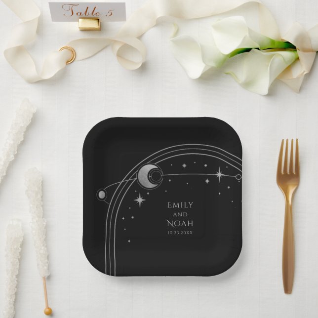 Mystical Black Silver Sun Moon Astronomy Space Paper Plate (Wedding)