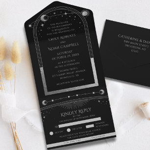 Mystical Black Silver Sun Moon Astronomy Wedding All In One Invitation