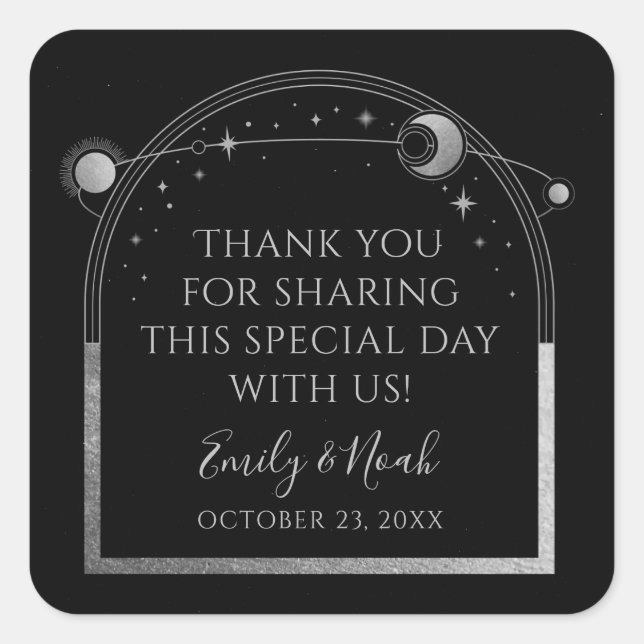Mystical Black Silver Sun Moon Astronomy Wedding Square Sticker (Front)