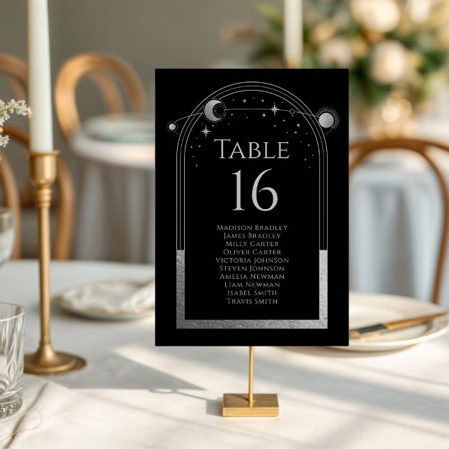 Mystical Black Silver Sun Moon Astronomy Wedding Table Number (Creator Uploaded)