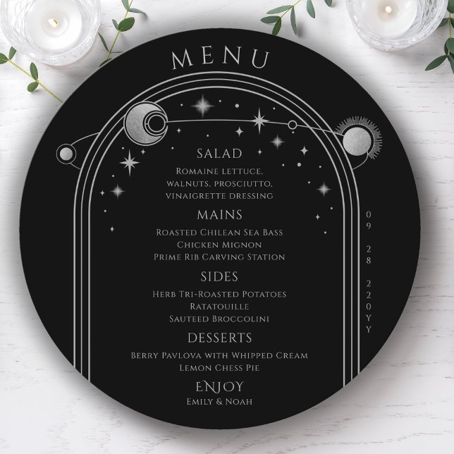 Mystical Black Silver Sun Moon Space Wedding Menu (Creator Uploaded)
