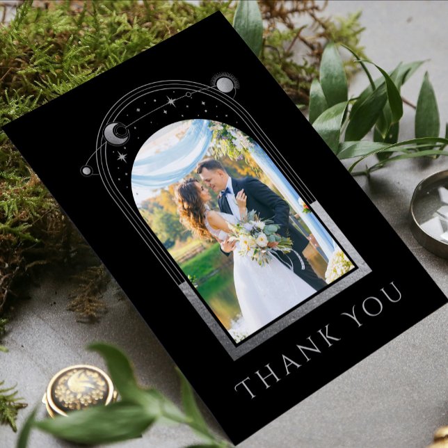 Mystical Black Silver Sun Moon Star Photo Wedding Thank You Card (Creator Uploaded)