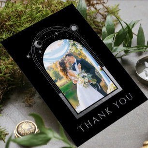 Mystical Black Silver Sun Moon Star Photo Wedding Thank You Card