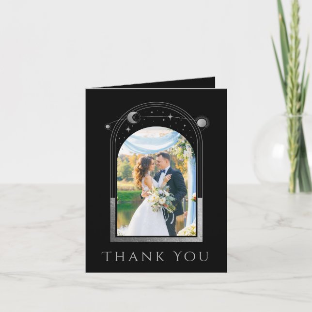 Mystical Black Silver Sun Moon Star Photo Wedding Thank You Card (Front)