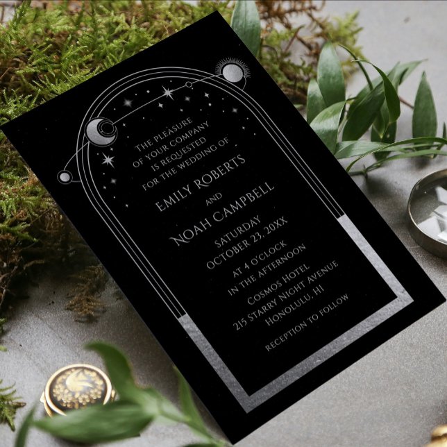 Mystical Black Silver Sun Moon Stars Photo Wedding Invitation (Creator Uploaded)