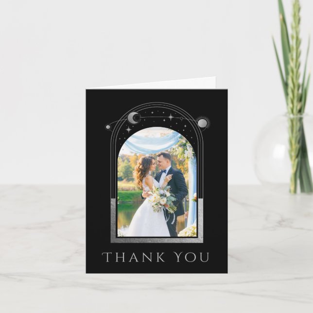 Mystical Black Silver Sun Moon Stars Photo Wedding Thank You Card (Front)