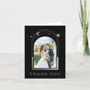 Mystical Black Silver Sun Moon Stars Photo Wedding Thank You Card