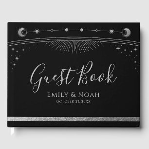 Mystical Black Silver Sun Moon Stars Wedding Guest Book