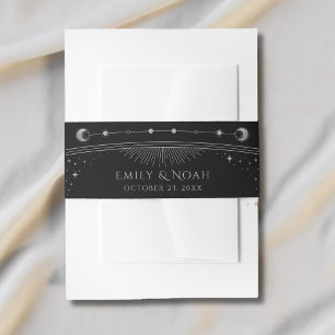 Mystical Black Silver Sun Moon Stars Wedding Invitation Belly Band