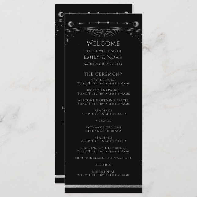 Mystical Black SIlver Sun Moon Stars Wedding Programme (Front/Back)