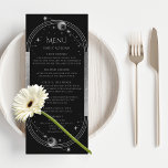 Mystical Black Silver Sun Moon Wedding Menu Cards<br><div class="desc">Mystical Black Silver Sun Moon Stars Wedding Menu Cards features a silver sun, moon and stars on a black background with your menu details in the centre in modern silver calligraphy script. Personalise by editing the text in the text boxes provided. Designed for you by Evco Studio © at www.zazzle.com/store/evcostudio...</div>