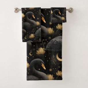 Mystical Black Swan and Golden Lotus Pattern Bath Towel Set