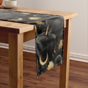 Mystical Black Swan and Golden Lotus Pattern Short Table Runner