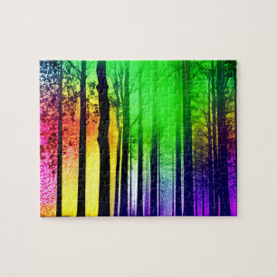 Mystical Black Tree Silhouettes in Rainbow Forest Jigsaw Puzzle
