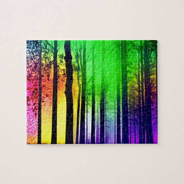 Mystical Black Tree Silhouettes in Rainbow Forest Jigsaw Puzzle (Horizontal)