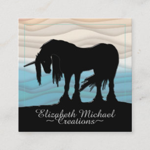 Mystical Black Unicorn (blue beige wave) Square Business Card