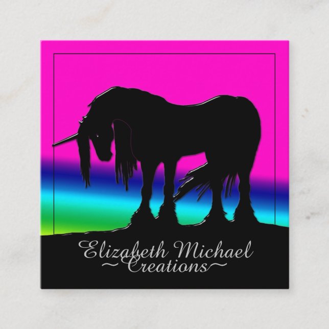 Mystical Black Unicorn (rainbow) Square Business Card (Front)