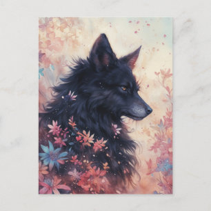 Mystical Black Wolf in Pink Floral Meadow Postcard