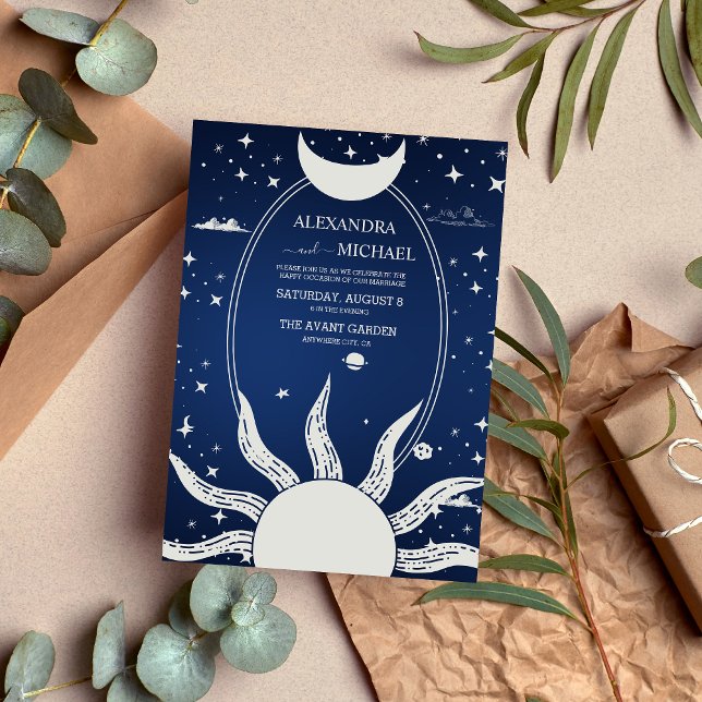  Mystical Blue and Silver Sun Moon Wedding Invitation (Creator Uploaded)