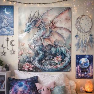 Mystical Blue Dragon Floral Art Tapestry