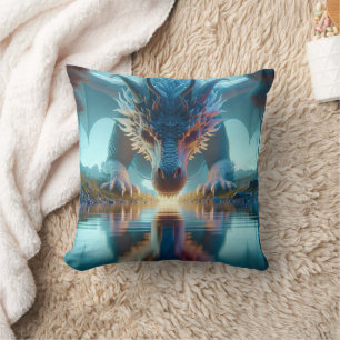 Mystical Blue Dragon Looking at Reflection in Wate Cushion